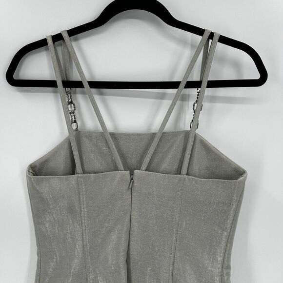 KAY UNGER Silver Metallic Spaghetti Strap Embellished Formal Mini Dress Size 4 - Picture 5 of 8